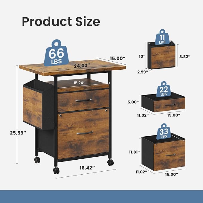 DUMOS 2 Drawer Mobile File Cabinet, Printer Stand with 24'' Wide Desktop | Fabric Drawer Cabinet Under Desk with Storage Side Bag,Rolling Printer Cart Not for Hanging Files for Home Office, Brown