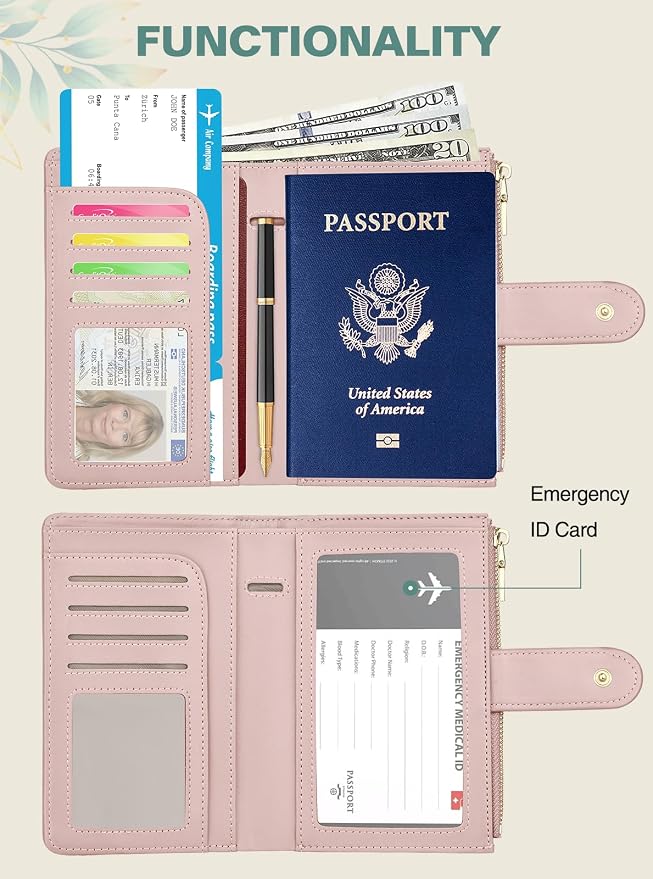 RFID Passport Holder for Travel, Leather Passport Wallet Cover with Airtag | with Airtag Slot, Card Cash Holders, Zippered Coins Pocket, for Women/Men, Gift Box, Travel Essentials, 4.1"L x 1"W x 6.3"H