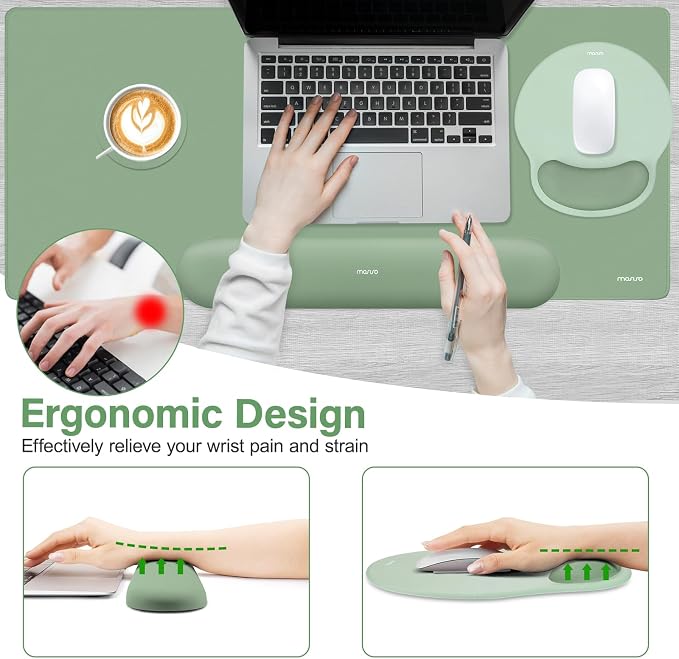 MOSISO Wrist Rest for Mouse Pad Set, Large Gaming Deskpad, Green | Circle Curved Mousepad&Keyboard Wrist Rest&Coaster, Ergonomic Non-Slip Mousepad&Easy Typing Pad with Silicone Lining