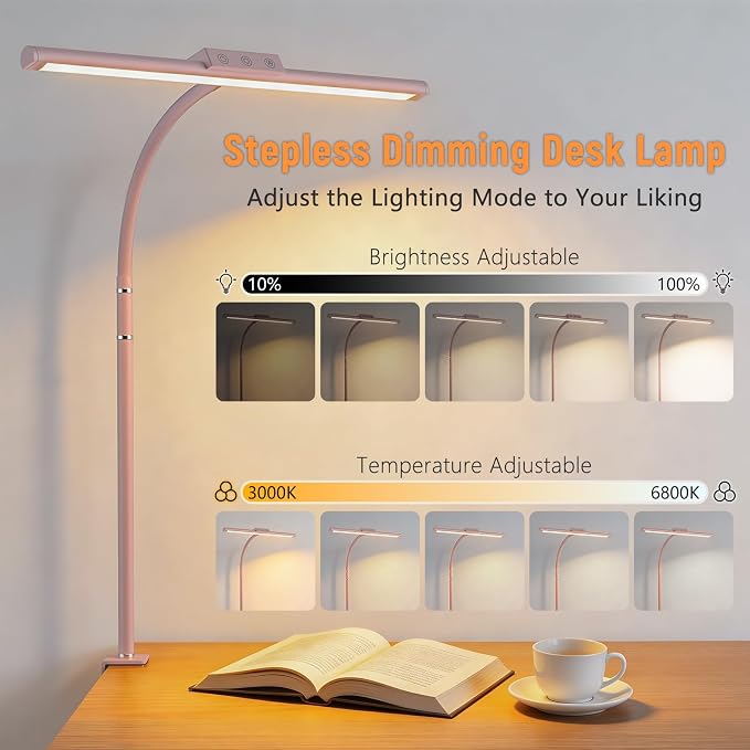 LED Desk Lamp for Home Office, Flexible Gooseneck Desk Lamp with Clamp, 5 Color Touch Control Stepless Dimming Adjustable Eye-Caring Desk Light with Adapter for Reading, Study, Workbench (Pink)