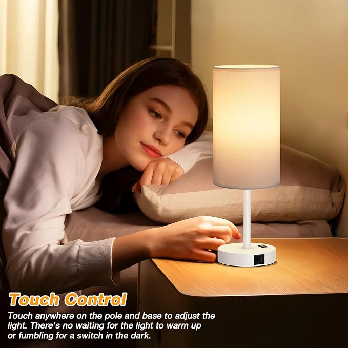 Dicoool 17.4" Bedside Lamp for Bedroom - Dimmable Touch, USB A+C, AC Outlet | LED Bulb Included, 3-Way Dimmable, 17.4" Table Lamp for Living Room, Dorm, White Fabric Lampshade, White Metal Base
