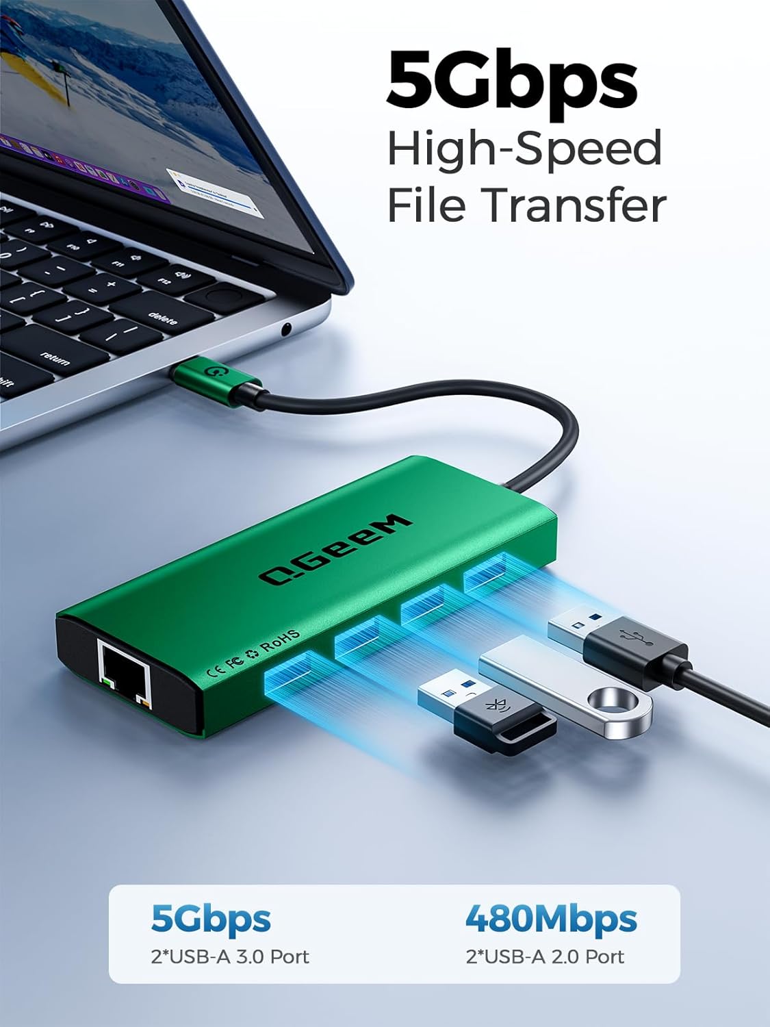 QGeeM USB C Hub Ethernet,9 in 1 USB Type C Hub HDMI Multi-Port Converter Adapter,100W Pd, USB 3.0,SD/TF Card Reader,Compatible for MacBook Pro Air Ipad HP Dell Lenovo Chromebook etc.-Green