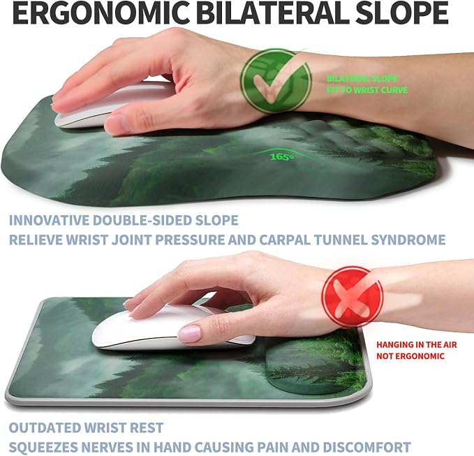 Ergonomic Raised Mouse Pad Wrist Support with Bilateral Slope Memory Foam Mousepad for Wrist Rest and Carpal Tunnel Pain Relief 11.8x7.9〃Green Mountain