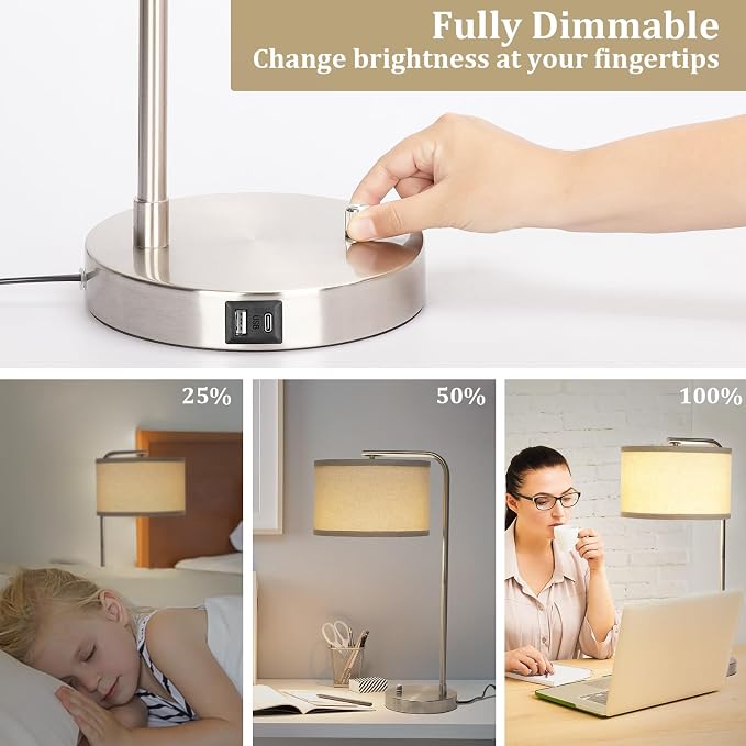 25" Tall Modern Bedside Lamp with USB C+A Ports, Fully Dimmable Table Lamp | NightstanDesk Lamp with Beige Drum Shade, Silver Finish Side Table Lamp for Living Room Bedroom Office, LED Bulb Included