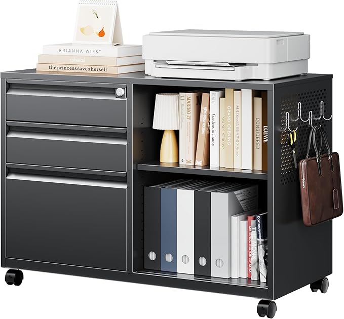 Mobile 3 Drawer File Cabinet with Lock-Metal Lateral Rolling Printer Stand Filing Cabinets for Home Office-Storage A4/F4/Letter (Black)