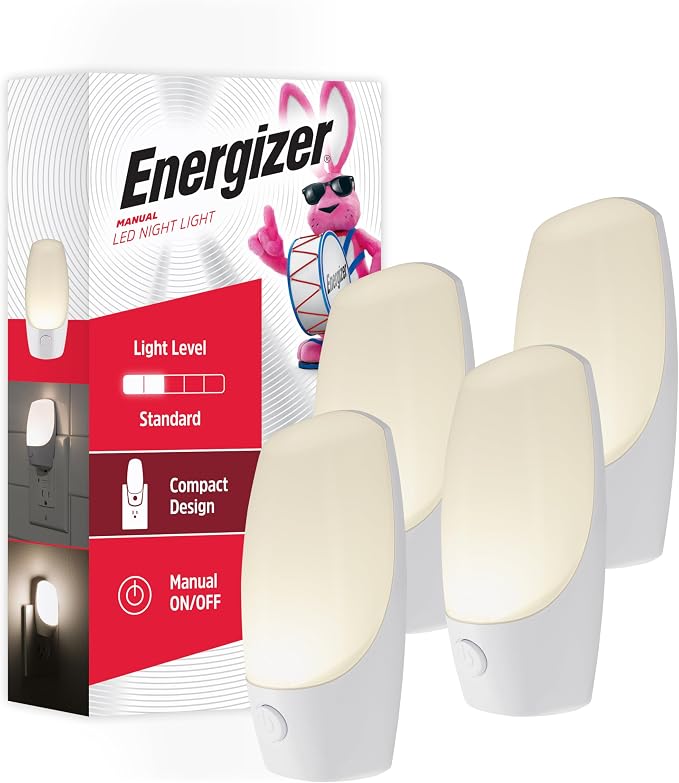 Energizer Manual On/Off LED Night Light Plug-in, Push Button, Compact, Contemporary, for Bedroom, Livingroom, Hallway, Bathroom, Nursery, Basement, White, 83661, 4 Pack