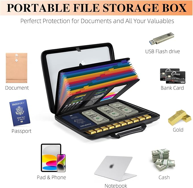 Fireproof Document Box File Organizer: Hard-Shell Case Fireproof Waterproof Box with Lock & 13 Pocket Accordion File Folder - Portable Home Office Travel Safe Storage for Important Documents and Files