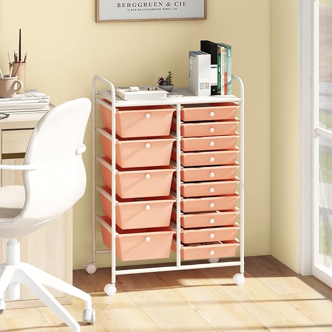 15 Drawer Rolling Storage Cart, Rolling Cart with Drawers for Classroom, Art Supply Craft Organizer on Wheel with Metal Frame & Handles for Home Office School