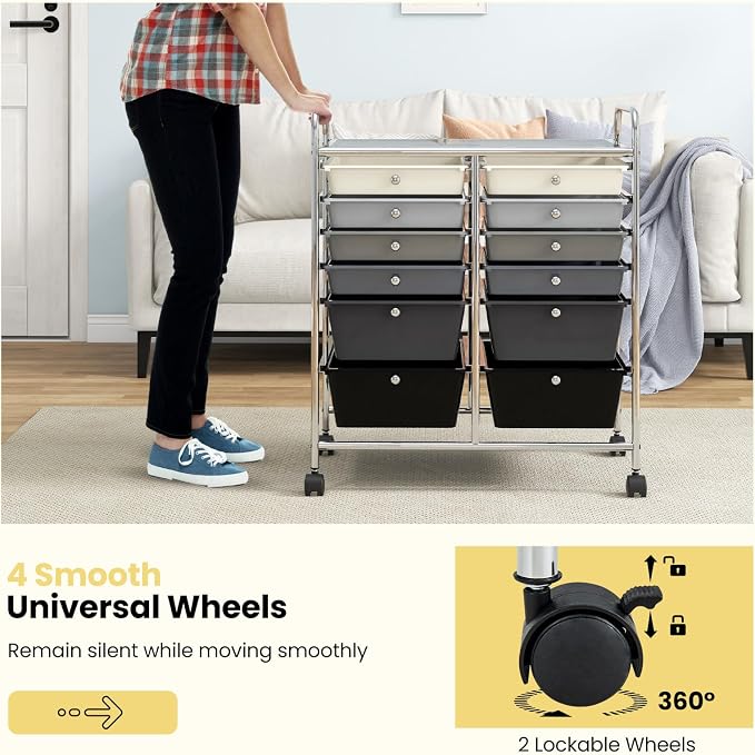 BECOMFORT 12-Drawer Rolling Cart with Drawers, Storage Cart on Wheels, Teacher Classroom Organizers with Metal Frame, Mobile Craft Cart, Trolley Utility Cart for School Office Play Room