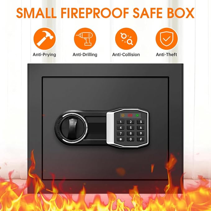 1.3 Cub Small Fireproof Safe for Home, Security Anti-Theft Fire Proof Safe Box with Spare Keys, Programmable Keypad and Alarm System, Digital Fireproof and Waterproof Safes for Document Money Medicine