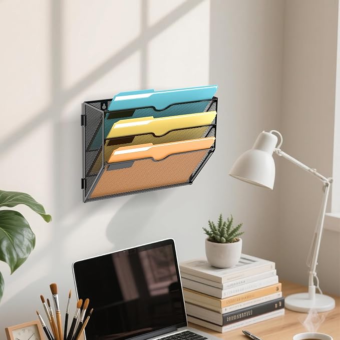 3 Tier Wall File Organizer, Hanging Wall Mounted Mail Organizer with Label Slots, Metal Mesh File Holder Magazine Rack for Office, Home, School or Classroom, Black, 2Pack