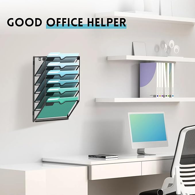 6-Tier Wall File Organizer, Hanging File Holder, Wall Mounted Mail Sorter | Metal Mesh Hanging File Organizer with Open Compartments and Label Panels for Papers and Folders at Home, Office or School