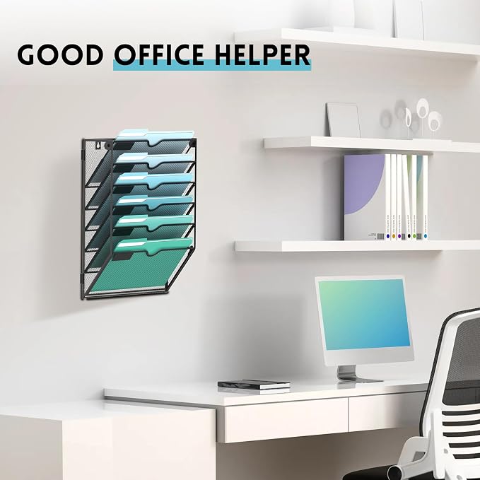 6-Tier Wall File Organizer, Wall Mounted Mail Sorter, 2 Pack | Metal Mesh Hanging File Organizer with Open Compartments and Label Panels for Papers and Folders at Home, Office or School