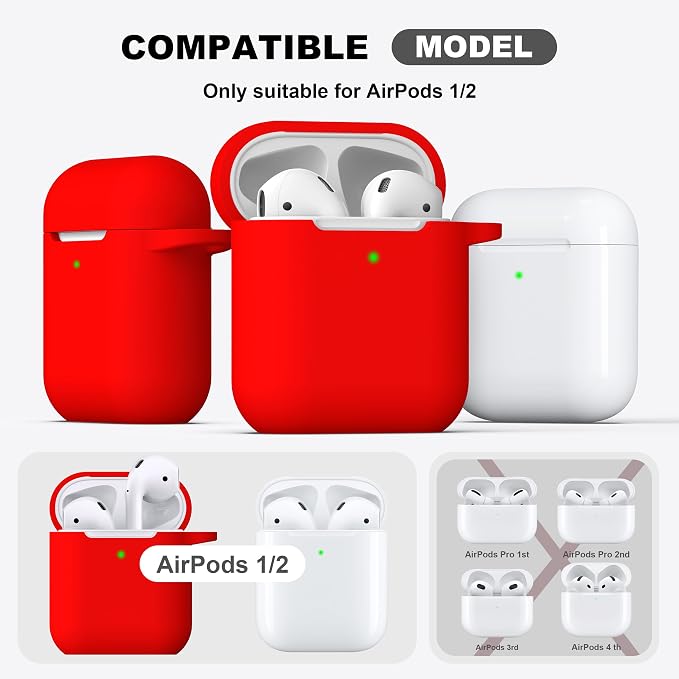 R-fun for AirPods 1/2 Case, Soft Silicone Protective Cover with Keychain and Cleaning Pen, Compatible with AirPods 2nd/1st Generation (2016/2019), Full Drop Protection Cover, Red