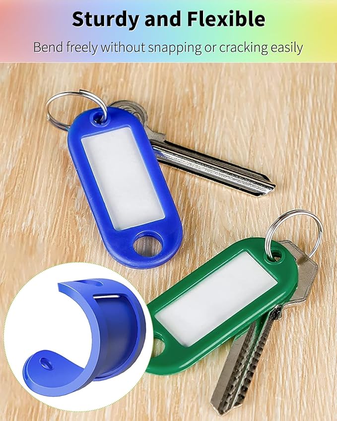 Uniclife 2 Inch Tough Plastic Key Tags in 10 Assorted Colors Item Identifiers Markers with Blank Paper Labels Protective Plastic Films and Split Rings, 10 Pack