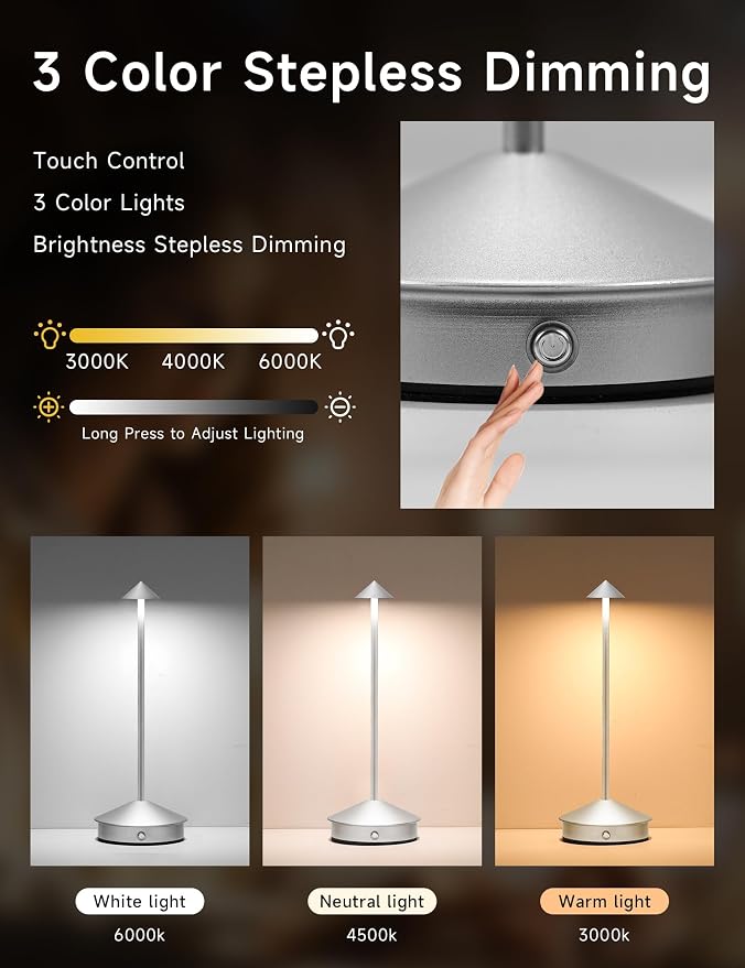 LED Rechargeable Cordless Table Lamps Silver | 2 Pcs Portable Modern USB Battery Operated Lights,Waterproof Touch Dimmable Desk Lamp,for Patio,Restaurant,Bar,Dining Home
