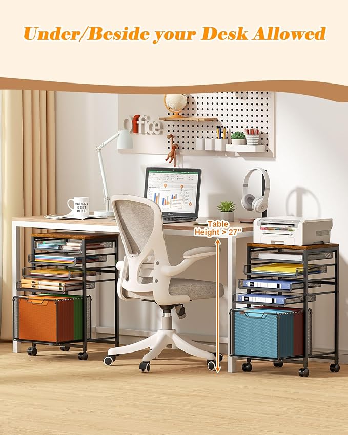 Feyejade Compact 5-Tier Rolling File Cart, Under Desk Metal Filing Cabinet | Printer stand top, sliding mesh trays for binder, letter size file storage, organizer for teachers and home office