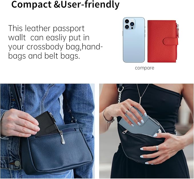 Passport wallet and Card Slot Combo RFID Blocking Leather Travel Passport Wallet for Men and Women with Zippered Coins Pocket Passport holder, Red