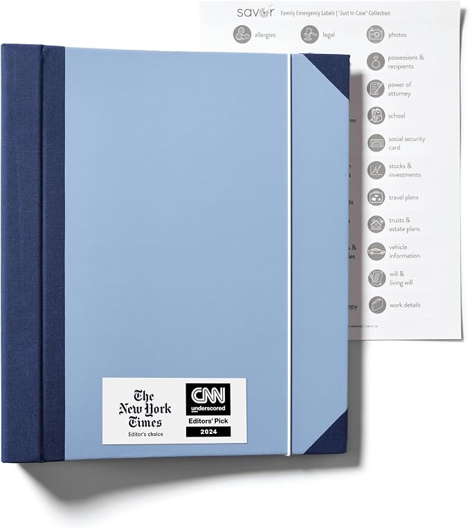 The Folio® Important Document Organizer by Savor | Binder with Guided Labels, Acid-Free File Folder Organizer with 10 Pockets, Document Holder for Home Records, Legal and Medical Papers (Blue)