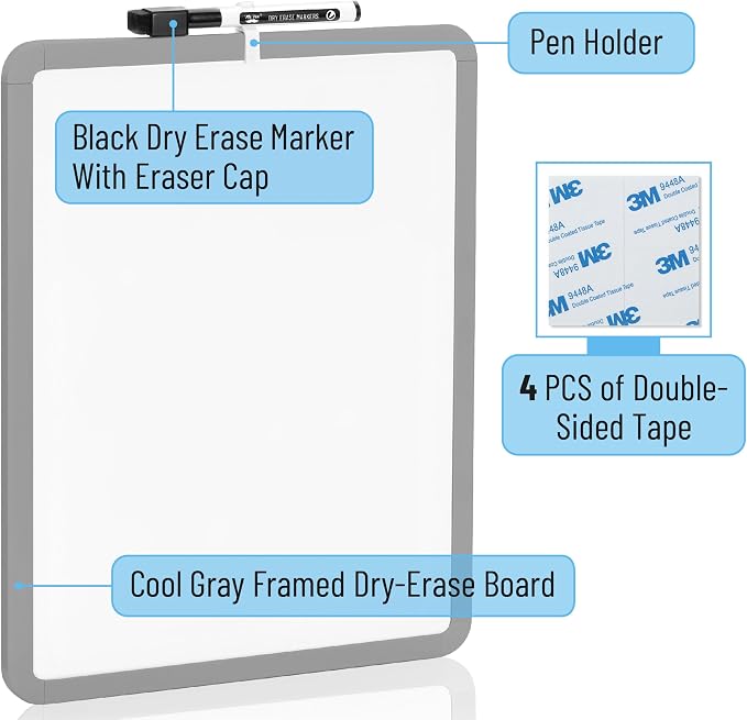 Mr. Pen- Dry Erase Board, 14” x 11” with a Black Dry Erase Marker | Gray Frame, Small Mini White Board for Students, Fridge, Wall, Locker, Includes Double Sided Tapes