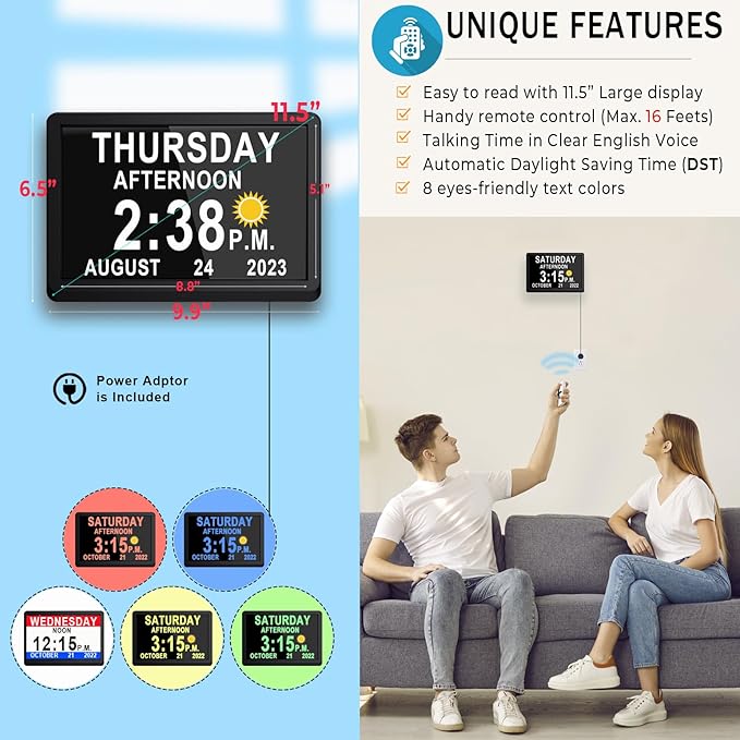 11.5 Inch Extra Large Digital Clock with 27 Alarms, Loud Talking Time, 20 Custom Reminders, Auto DST, 10-Level Auto Dimmer, Day Date Calendar Clock for Seniors Dementia Alzheimers', with Remote