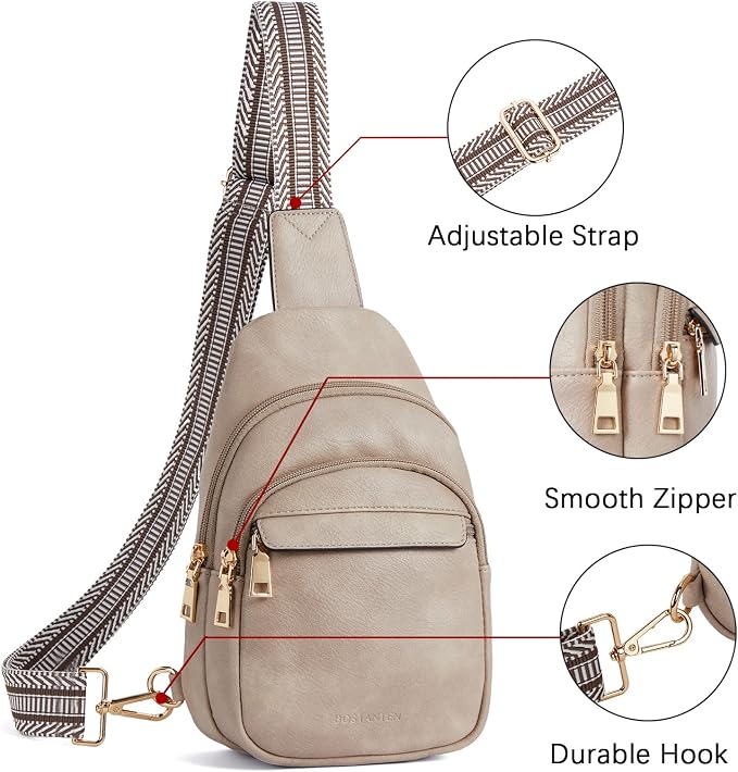 BOSTANTEN Sling Bag for Women Leather Crossbody Bags Fanny Pack Chest Bag for Travel | Adjustable Wide Strap, Small, Anti Theft, Lightweight, Multi Pockets and Carrying Way, Card Slot, Cute Trendy for Everyday
