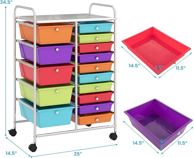BECOMFORT 15-Drawer Rolling Cart with Drawers, Storage Cart on Wheels, Teacher Classroom Organizers with Metal Frame, Mobile Craft Cart for Tools, Trolley Utility Cart for School Office Play Room