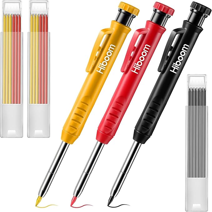 Hiboom 3 Pack Carpenter Pencil with 21 Refills (Yellow, Red, Black) | Long Nosed Deep Hole Marker, Mechanical Pencil, Built in Sharpener, Marks Dark Surfaces, Construction Woodworking Tools