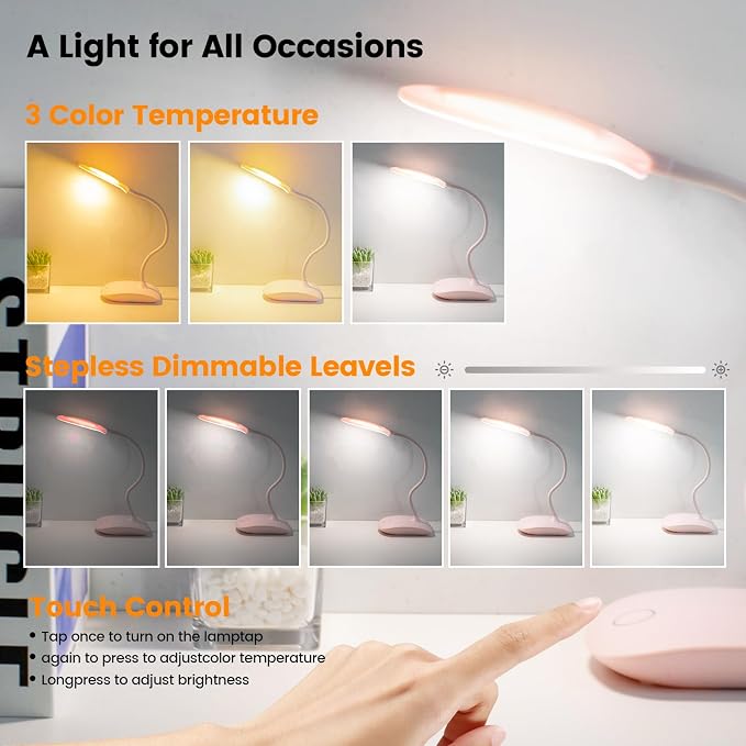Portable Battery Powered Desk Lamp Small Rechargeable LED Table Light | 400 Lumen Eye Care,3 Color Temperatures,Stepless Touch Dimming,360° Adjustable for Nail Study Dorm Office Bedroom,Pink 2 Pcs