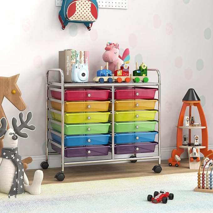 COSTWAY 12-Drawer Rolling Storage Cart, Utility Storage Organizer Cart | For Tools, Scrapbook, Paper, Craft, Multipurpose Art Supply Organizer on Wheels for Home Office School, Teacher, Rainbow