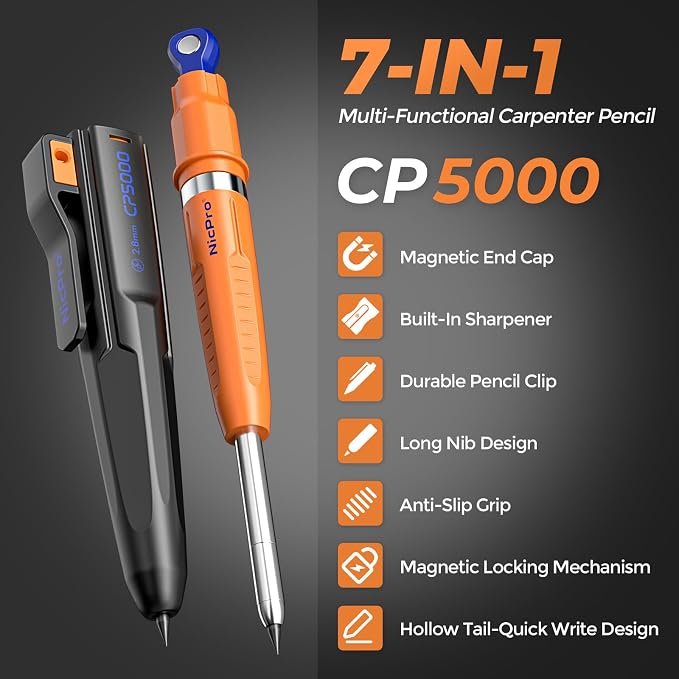 Nicpro 7-in-1 CP5000 Magnetic Carpenter Pencils with Sharpener and Holster | 2.8mm Construction Pencil+10 Refills, Deep Hole Marker for Construction, Woodworking Pencils with Strong Magnet Pickup Cap