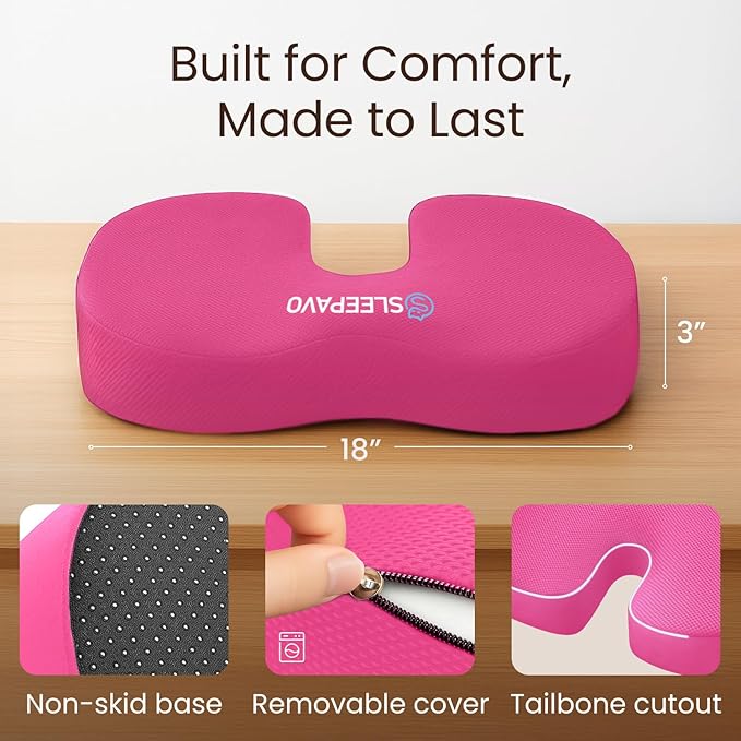 Sleepavo Office Chair Cushion - Seat Cushion for Tailbone Pain Relief - Butt Pillow for Coccyx, Sciatica, and Lower Back Pain - Orthopedic Chair Pad for Lumbar Support in Office Desk (Pink)