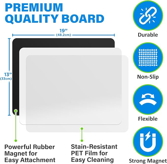 19x13” Magnetic Dry Erase White Board for Fridge w/ 3 Markers & Eraser | Yes4Quality Stain-Resistant Whiteboard Planner Organizer Sheet, Sticks to Most Refrigerators, Colorful Markers, Magnet Eraser