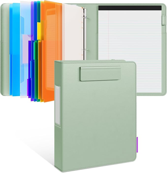 JoyCat 3 Ring Binder Clipboard with Storage, 5 Folders, Grass Green | 3 ring clipboard portfolio combines five expandable folders, a refillable letter-size notepad and storage
