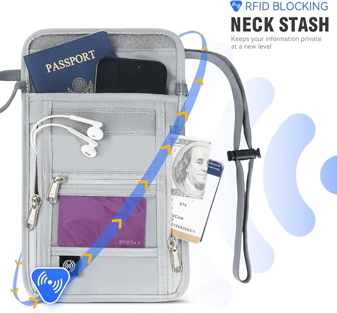 Voyager Neck Wallet RFID Blocking Passport Holder, Light 5-Compartment Hidden Travel Pouch with Adjustable Strap, Water Resistant Wallet for Cash, Cards & ID (Light Gray, Max (8.8"x 6.5")