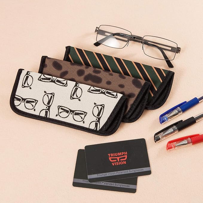 TRIUMPH VISION 3 Pack Reading Glasses Pouch Soft Case Eyeglass Sleeve Slim | Alternative to Bulky Case in bag, Lightweight Lined Padded Protect Optical lens Slip in, Cute Pattern Portable for Daily Use