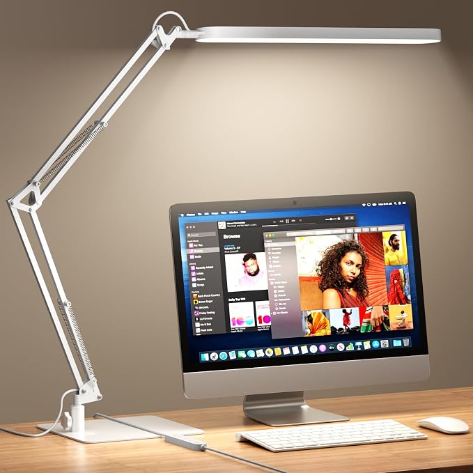 LED Desk Lamp with Slim Base - Adjustable Swing Arm Desk Light, Dimmable, Timer, Eye Protection, Memory Function, 1300LM, 12W, White