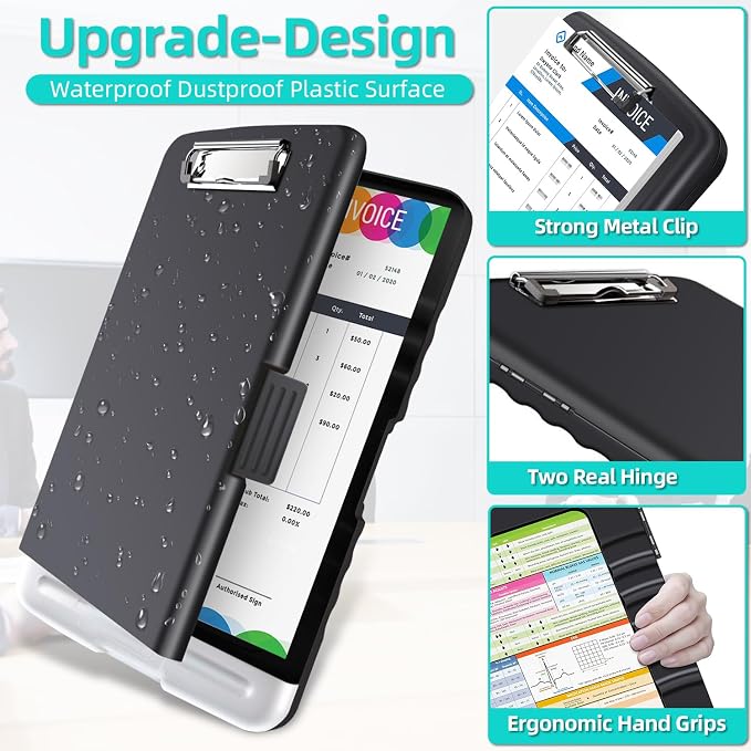 Sunnyclip Clipboard with Storage, Real Hinge Heavy Duty 8.5x11 Clipboards - with Pen Holder, Plastic Nursing Letter Size Storage Slimcase, Smooth Writing, for Paperwork Office Classroom