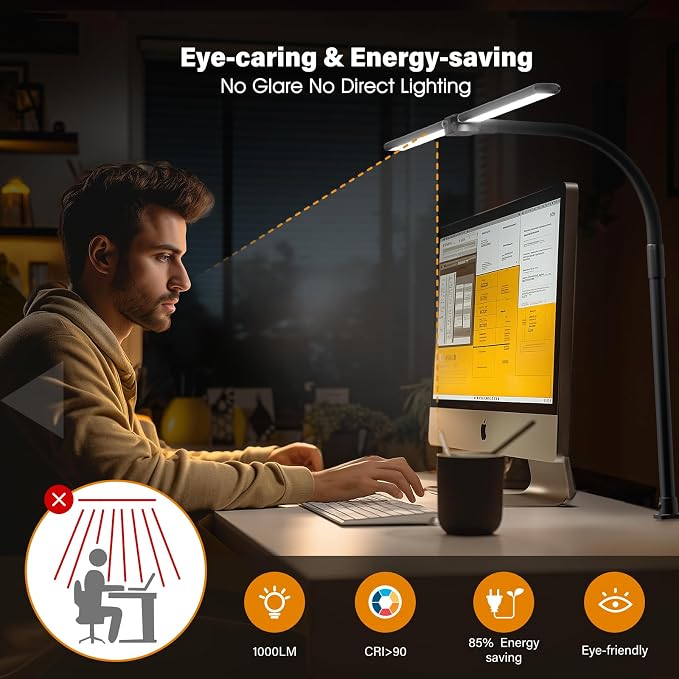 LED Desk Lamp for Home Office - Dimmable Computer Desk Light with Clamp, Modern Architect Task Lamp with Color Changing, Flexible Desktop Lamp with Gooseneck for Monitor, Double Head, Black