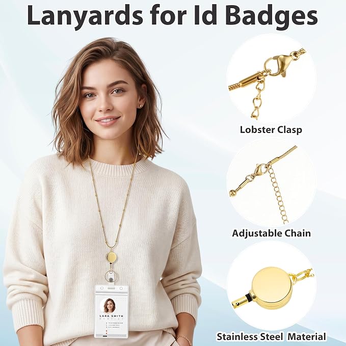 Lanyards for ID Badges Gold Stainless Steel Badge Lanyards with 2 Pcs Waterproof Id Badge Holder Retractable Id Badge Lanyards Teacher Lanyard for Cruise Ship Key Cards Id Badges