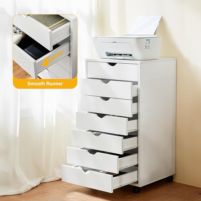 OLIXIS 7 Drawer File Cabinet, Printer Stand with Storage Cabinet | Wood Under Desk Storage Organization Holds Printer, Office Supplies, Not For Hanging Files, Fit Home Office White
