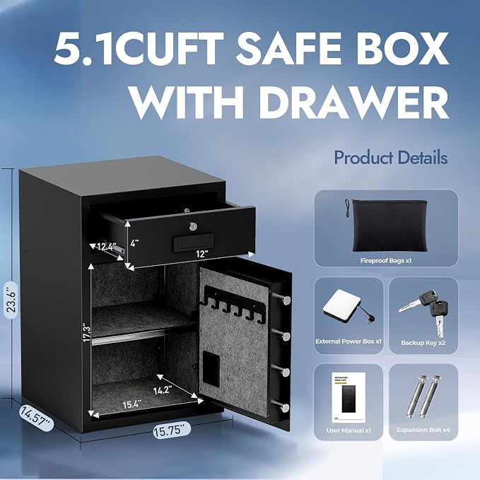KAER 5.1 Cuft Money Safe for Home Drawer Safe Box with Mechanical Lock for Daily Cash & Keys Felt-Lined with Adjustable Shelf, Silent ＆Alarm, Fireproof Waterproof Bag, 49.2 lbs Caja Fuerte para Dinero | Adjustable Shelf, Felt-Lined, Mute/Alarm, Firepro...