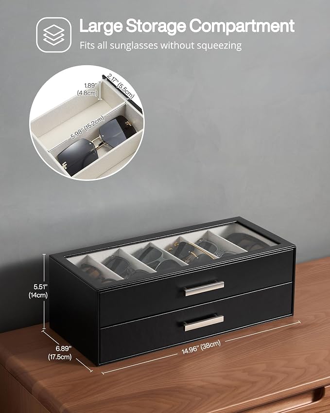 ProCase Sunglasses Organizer Box with Clear Glass Lid, PU Leather Eyeglass Storage Display Case for Men and Women