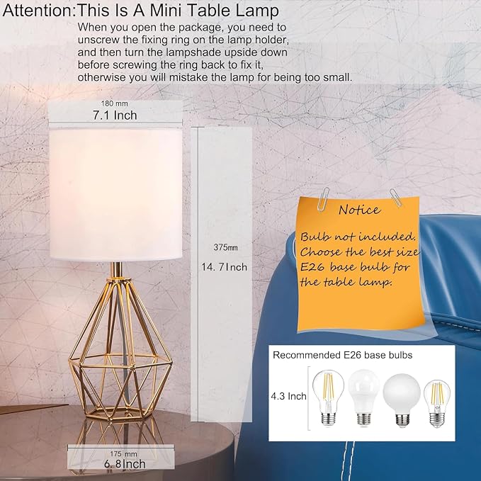 Gold Modern Hollow Out Base Bedroom Small Table Lamp,Bedside Nightstand Lamp with Geometric Metal Base White Fabric Shade,Cute Desk Lamp for Kids Living Room