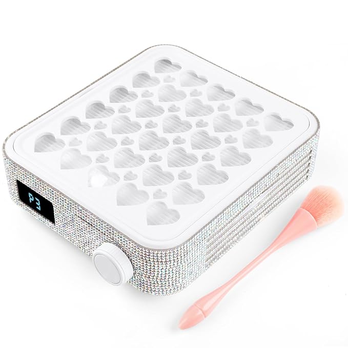 BQAN Portable Nail Dust Collector with 4200RPM Fan White AB Rhinestones | 10pcs Filter Papers Include & Nail Brush | Strong Suction | Adjustable Speed | For Acrylic & Gel | Professional & Home Use