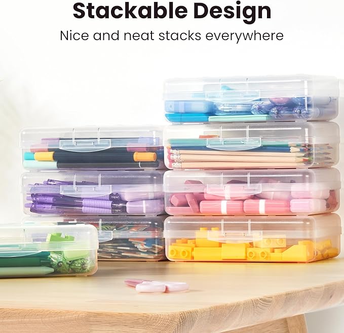 6 Pack Pencil Box, Sooez School Box, Hard Pencil Boxes for School Supplies Bulk, Large Plastic Pencil Case with Lid, Clear Pencil Container, Stackable School Box Crayon Boxes Bulk for Kids, Pink