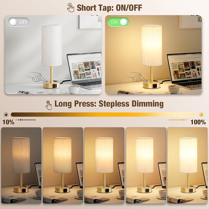 Gold Touch Bedside Lamp for Bedroom, Stepless Dimmable, USB A+C, AC Outlet | Base Touch Button Only, Memory Brightness, Ultra-dim Night Light, Included Bulb for Optimal Dimming, Cream Fabric Shade, Desk