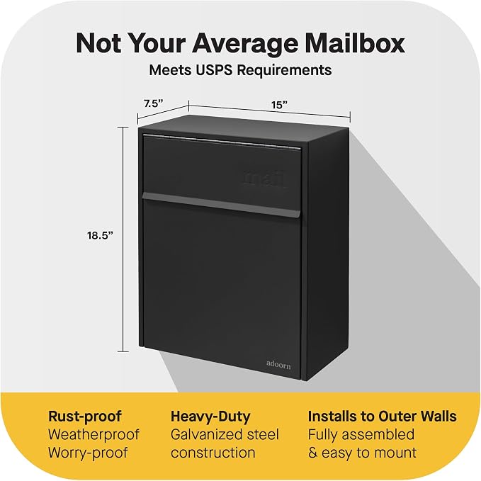 Adoorn Lockable Wall Mount Mailboxes for Outside - Large Anti-Theft Locking Mailbox for Letters - Weatherproof Construction - Durable Steel - 18.5" H x 15" L x 7.5" D - Black