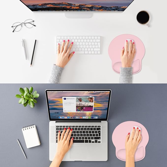 ITNRSIIET Ergonomic Mouse Pad with Wider Memory Foam Wrist Rest +17%, Curved Cushion Reduces Pressure 20%, Pain Relief, Non-Slip, Smooth, Cute Color Desk Accessory, 9.85 x 9 inch, Blush Pink
