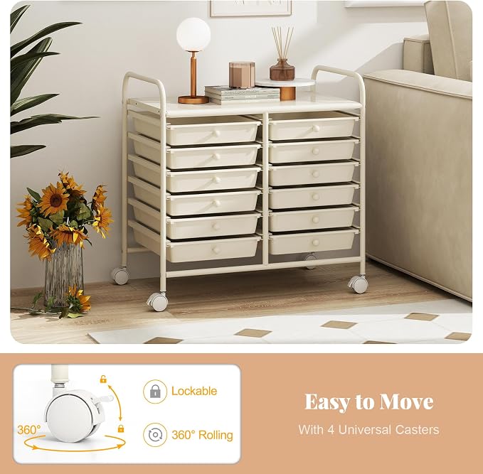 RELAX4LIFE 12-Drawer Rolling Storage Cart - Mobile Utility Cart on Wheels for School Classroom Teacher Office Salon, Paper File Art Supply Craft Organizer, Rolling Cart with Drawers (White)